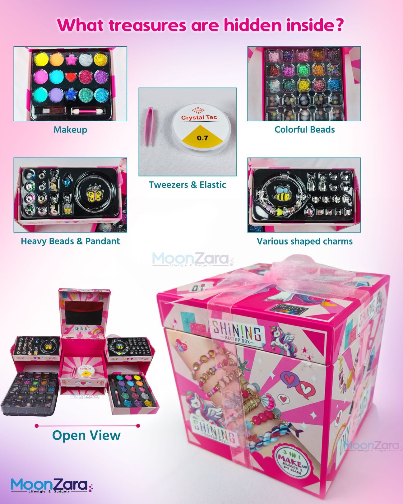 Shining Unicorn 3-in-1 Makeup & Jewelry DIY Beads Set – 75-Piece Kids Gift Box LD6087-2 Details