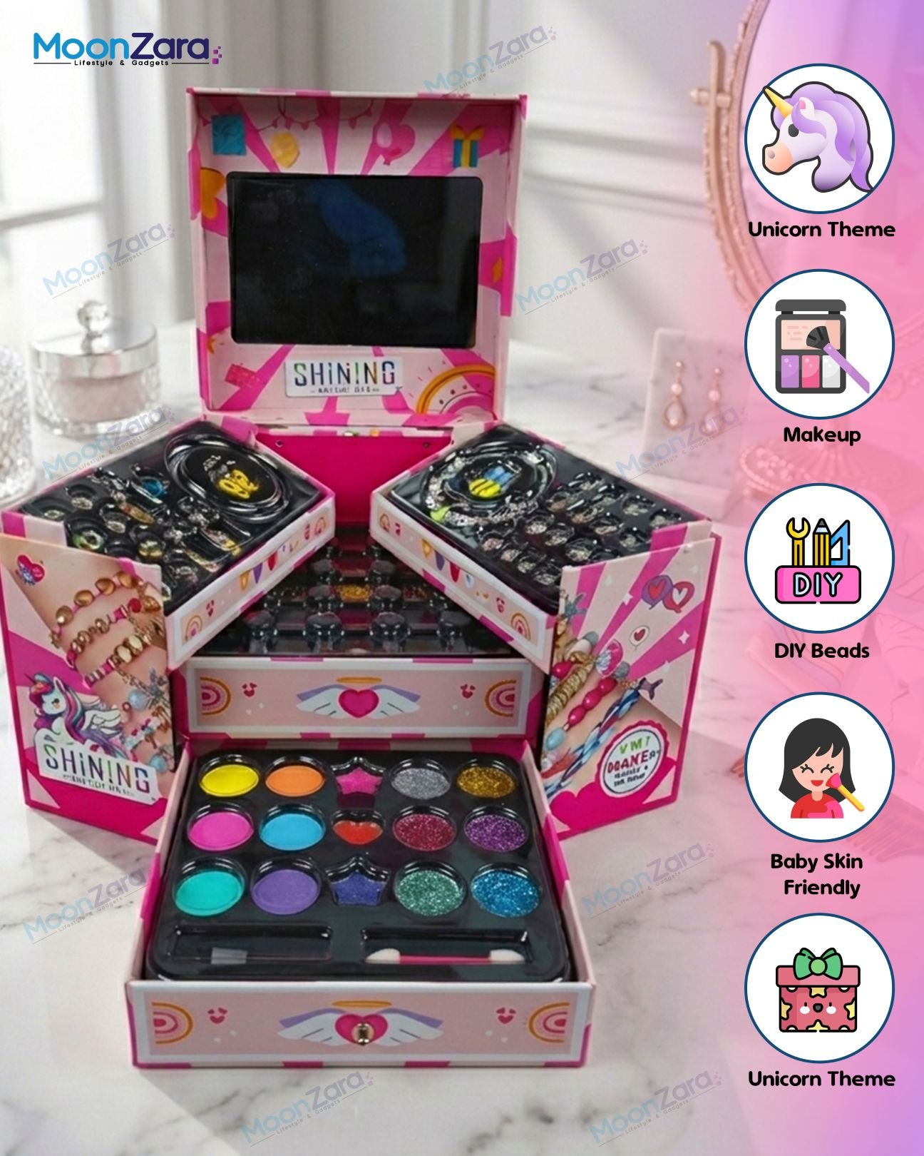 Shining Unicorn 3-in-1 Makeup & Jewelry DIY Beads Set – 75-Piece Kids Gift Box LD6087-2 Back-portion Short-description