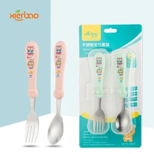 Xierbao Baby Fork and Spoon Set 2 PCS BPA Free Food Grade Stainless Steel and Silicone