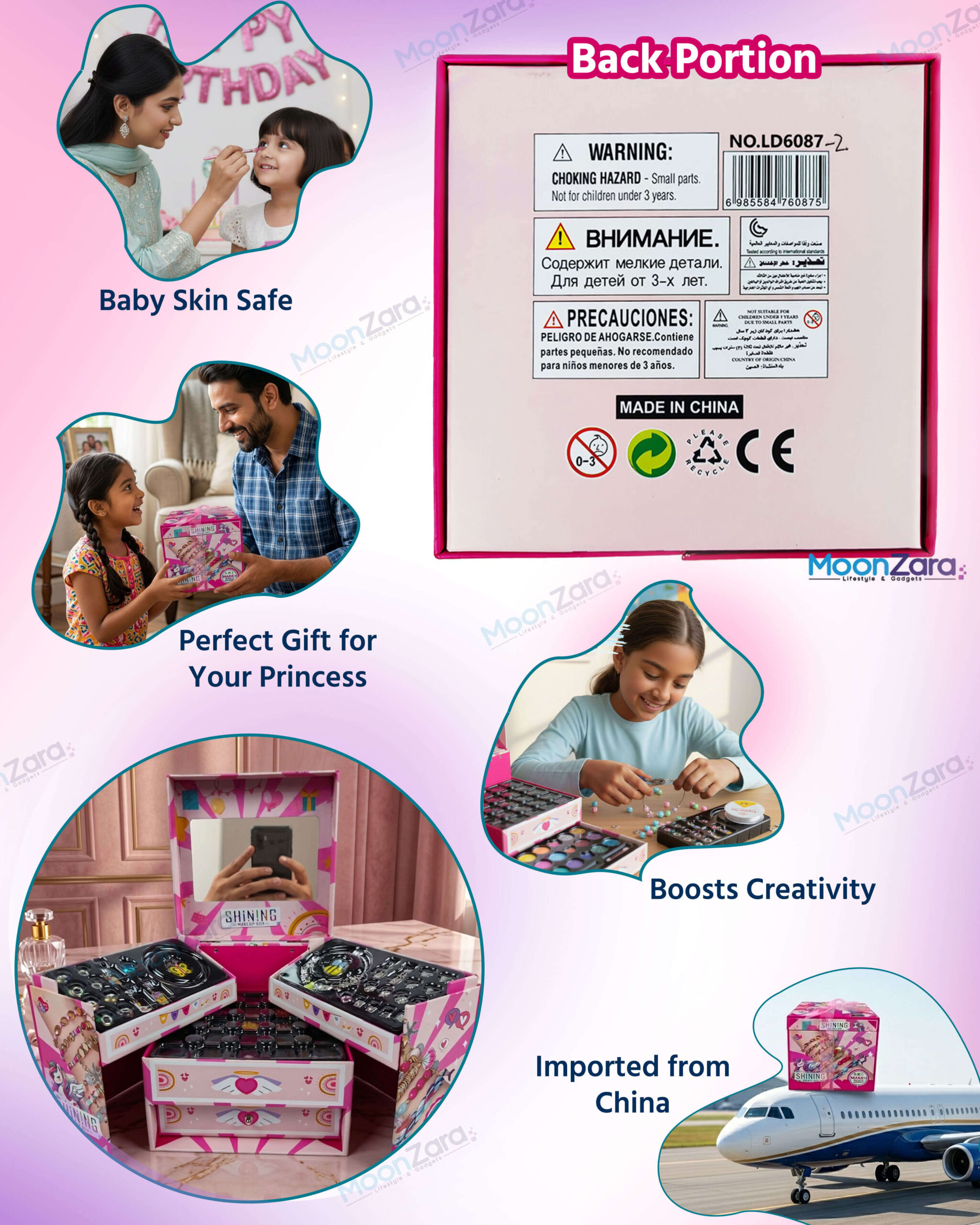 Shining Unicorn 3-in-1 Makeup & Jewelry DIY Beads Set – 75-Piece Kids Gift Box LD6087-2 Details Back-portion