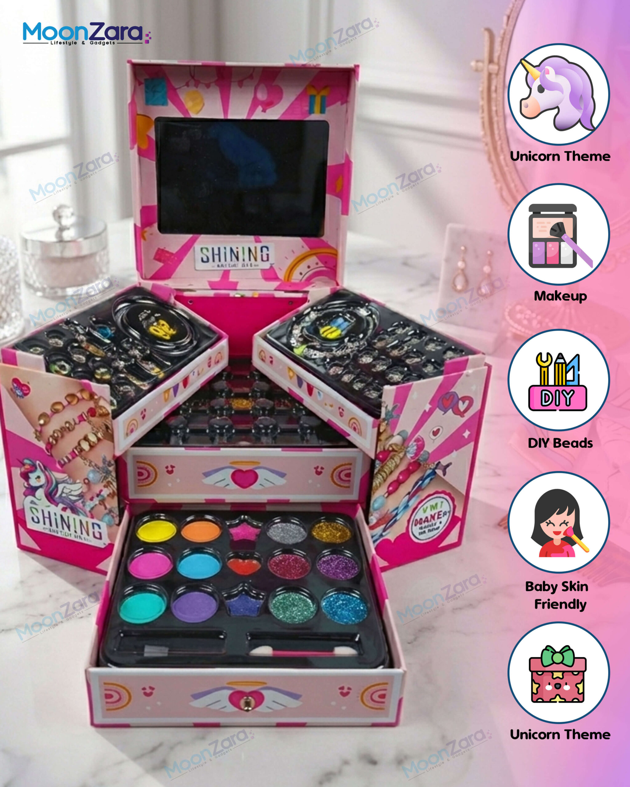 Shining Unicorn 3-in-1 Makeup & Jewelry DIY Beads Set – 75-Piece Kids Gift Box LD6087-2 Short Descriptions